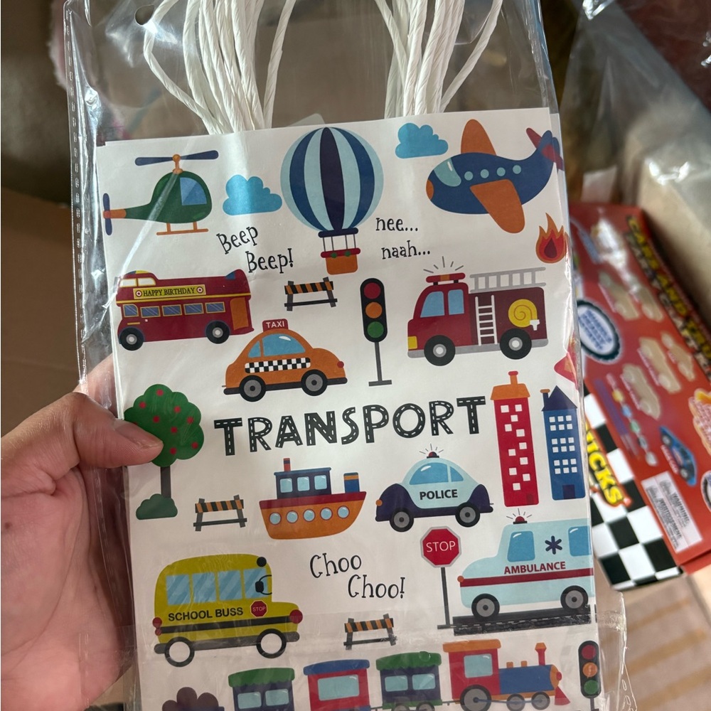 Vehicle themed bday party gift bag/goodies